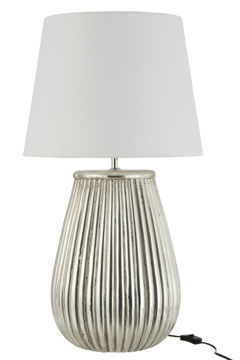 duża lampa stołowa w prążki z abażurem, podstawa postarzane srebro, abażur biały  