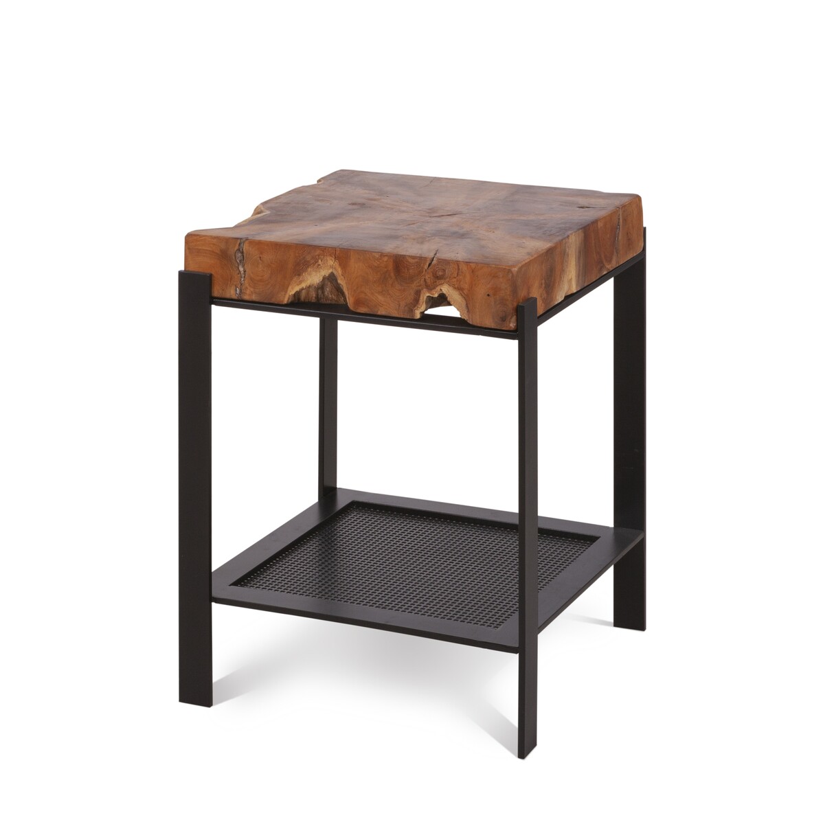 stolik z półką z blatem egzotycznym z drewna tekowego BLAT SQ 40x40 skos