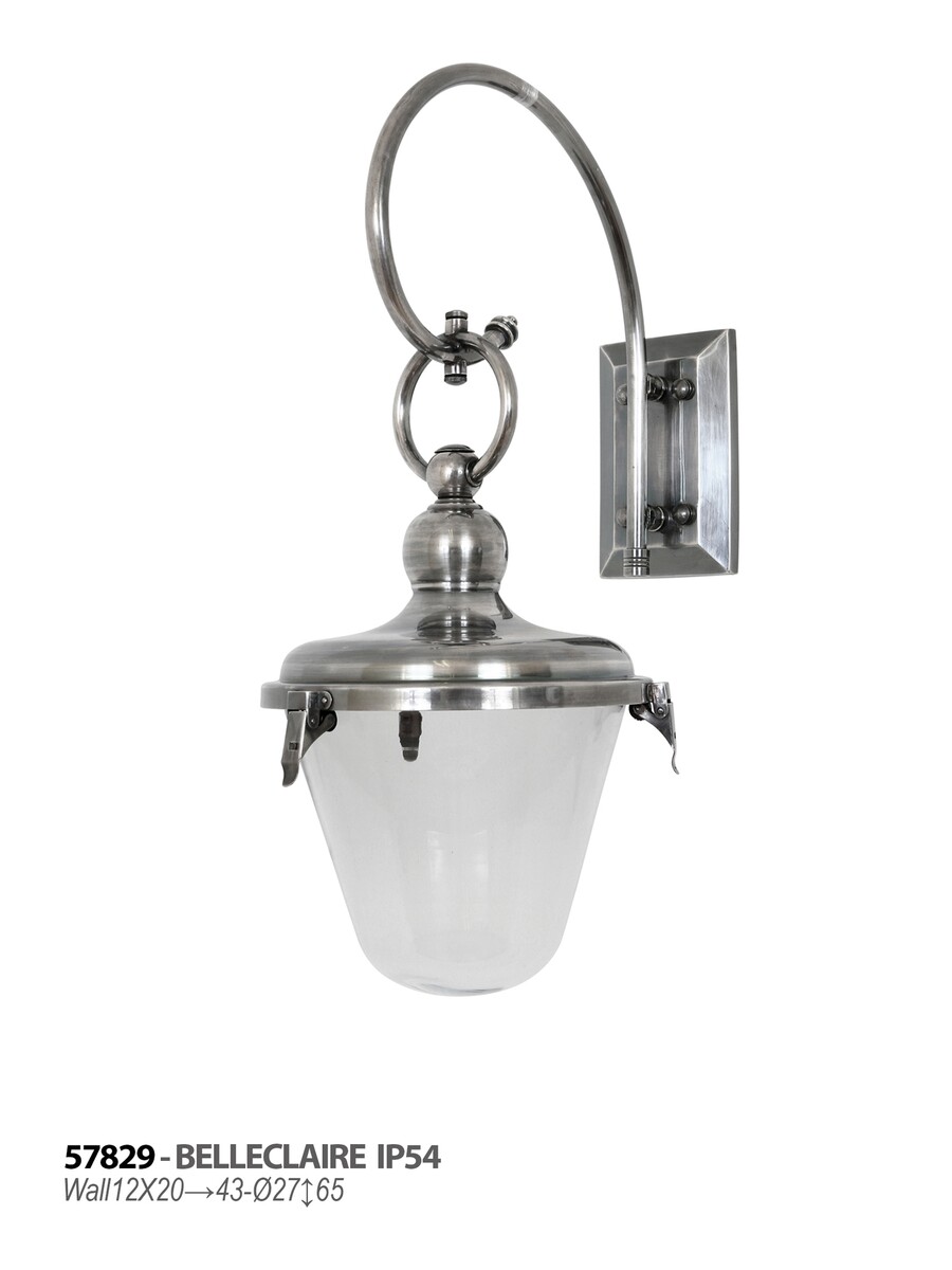 srebrna lampa zewnętrzna, lampa ogrodowa, kinkiet ze szklanym kloszem, srebrny kinkiet, duży kinkiet zewnętrzny