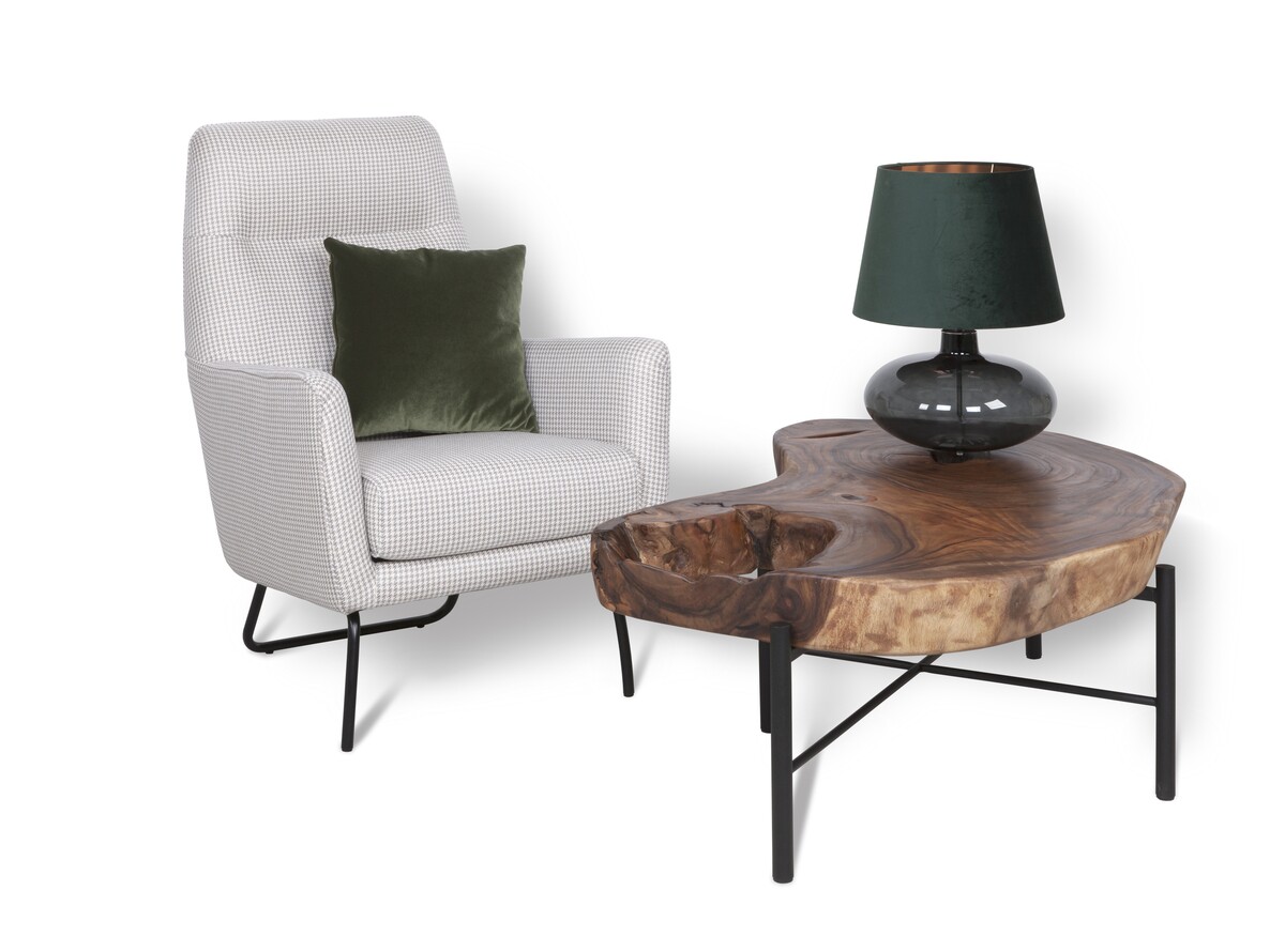 Fotel LAFAYETTE oraz niepowtarzalny stolik z blatem z drewna egzotycznego - na wymiar z możliwością zmiany projektu podstawy/nogi