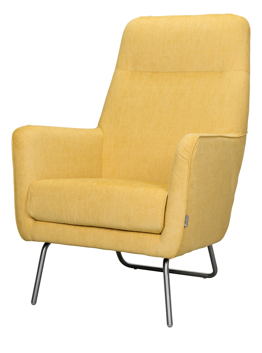 Żółty fotel z wysokim oparciem High, dostępny kolor metalowej ramy;
BRUSHED CHROM, METAL BLACK, METAL WHITE, METAL GREY