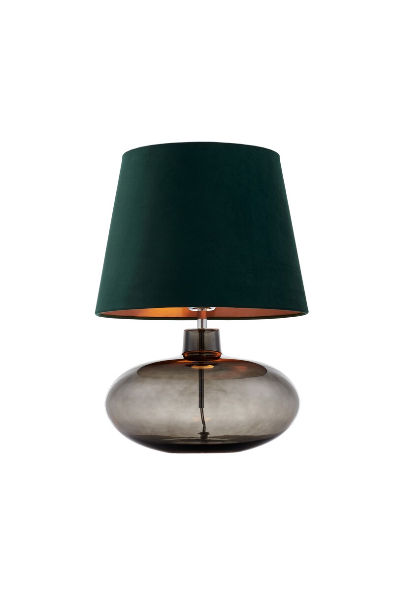 szklana lampa stołowa, lampa z dymnego szkła, lampa z zielonym abażurem, zielono złoty abażur, lampa do sypialni