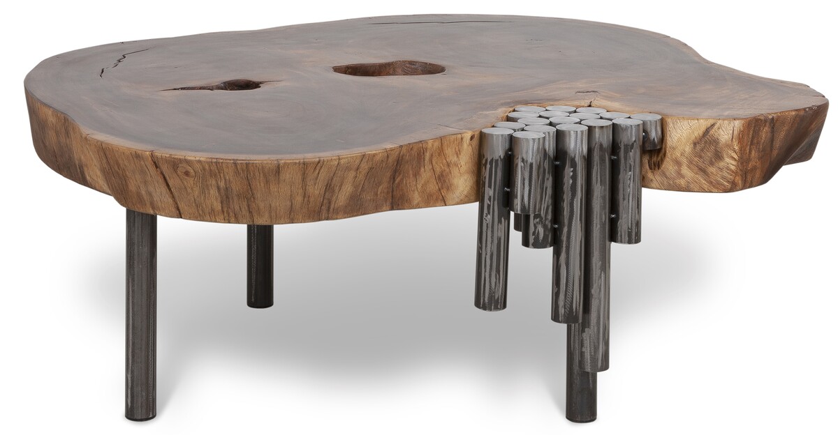 Unikatowy stolik kawowy do salonu, nogi stalowe ręcznie wykonane, niepowtarzalny charakter drewna egzotycznego