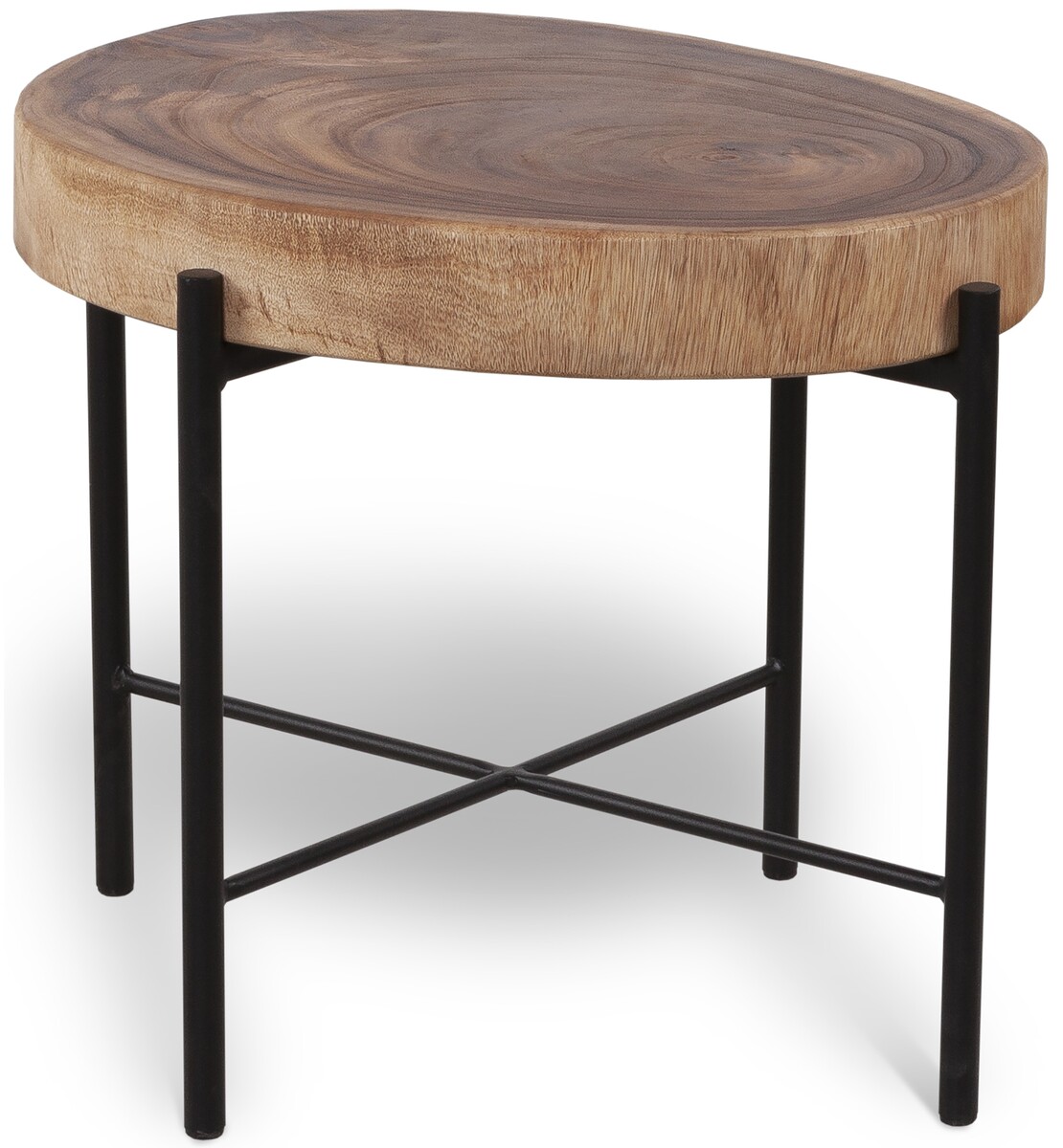 Ciekawy stolik kawowy z grubego drewna SUAR, naturalne kolory drewna, podstawa lakierowana proszkowo w kolorze czarnym