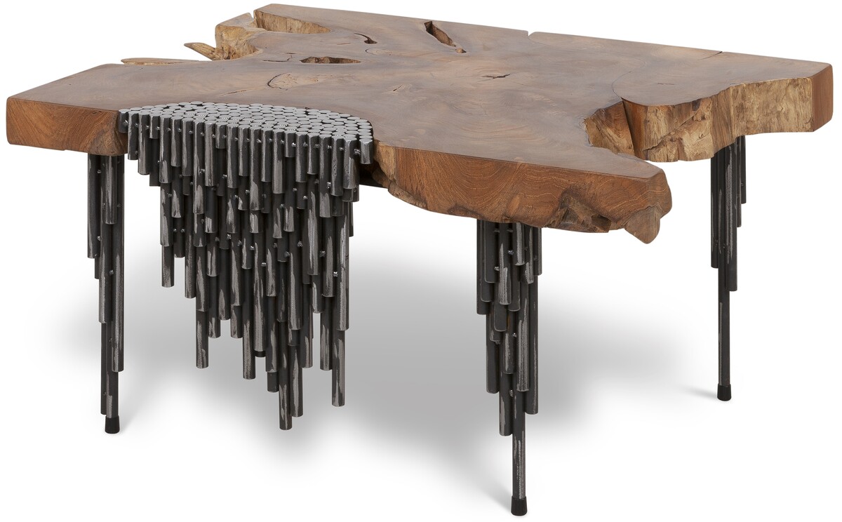 Stolik kawowy wykonany z indywidualnie dobieranego blatu drewna tekowego, naturalny kolor drewna, ręcznie spawane stalowe nogi