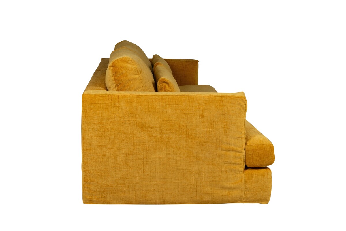 Miękka, wygodna sofa w żółtej tkaninie, komfortowa kanapa do wypoczynku