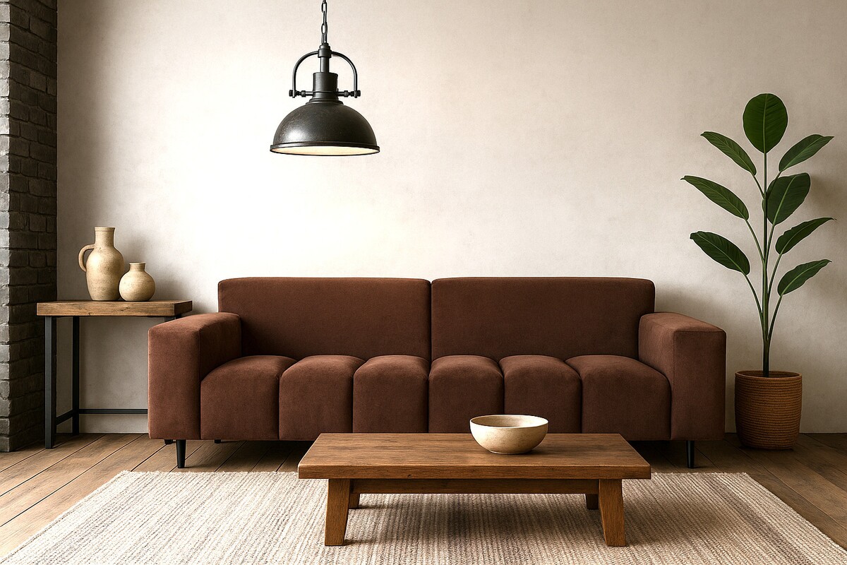 brązowa sofa Vesta pikowana, jasne ściany, brązowa kanapa do salonu welur, lampa z metalu wisząca sufitowa