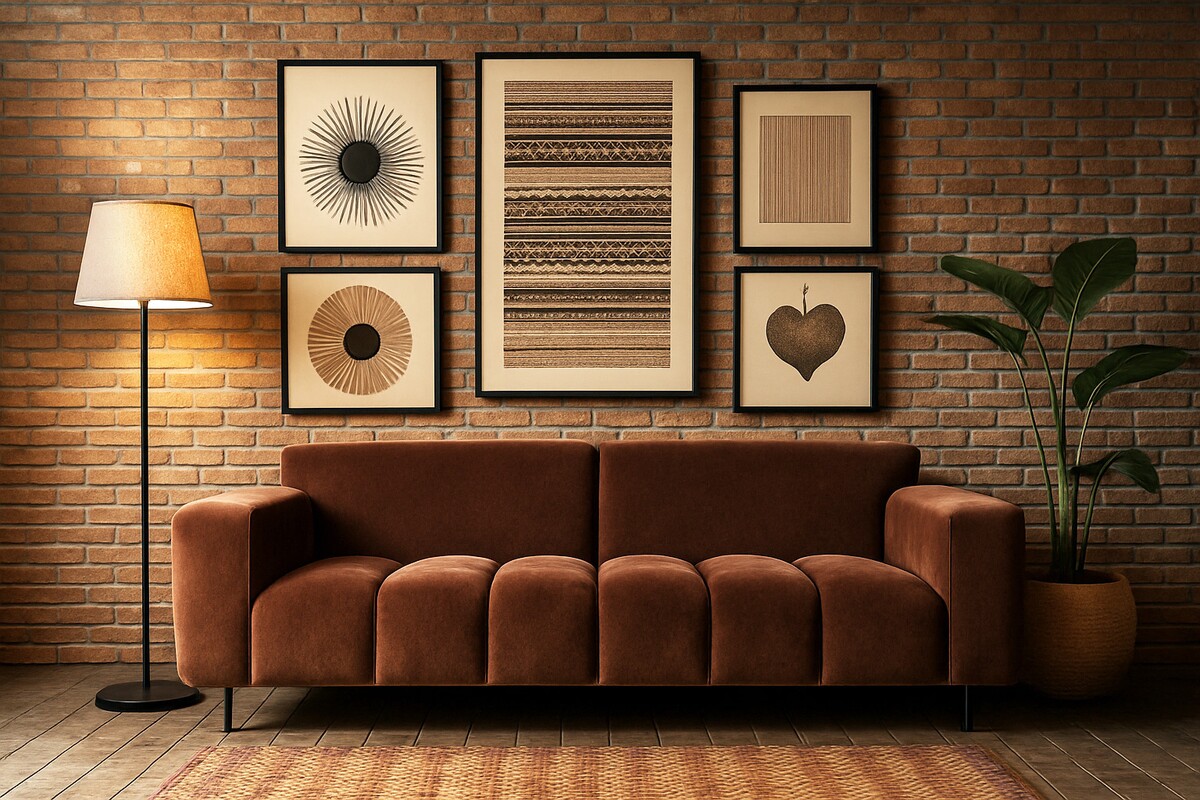 brązowa sofa Vesta pikowana, ściany z cegły we wnętrzach, kanapa brąz aksamit, brązowe kanapy welurowe, ściany z cegły w domu