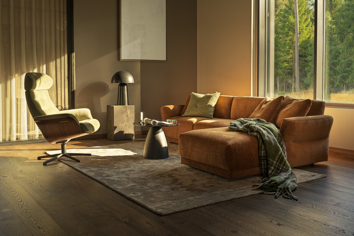 Sofa modułowa, ruda kanapa narożna, sofa z regulowanym komfortem, sofa konfigurowalna, sofa z szezlongiem 