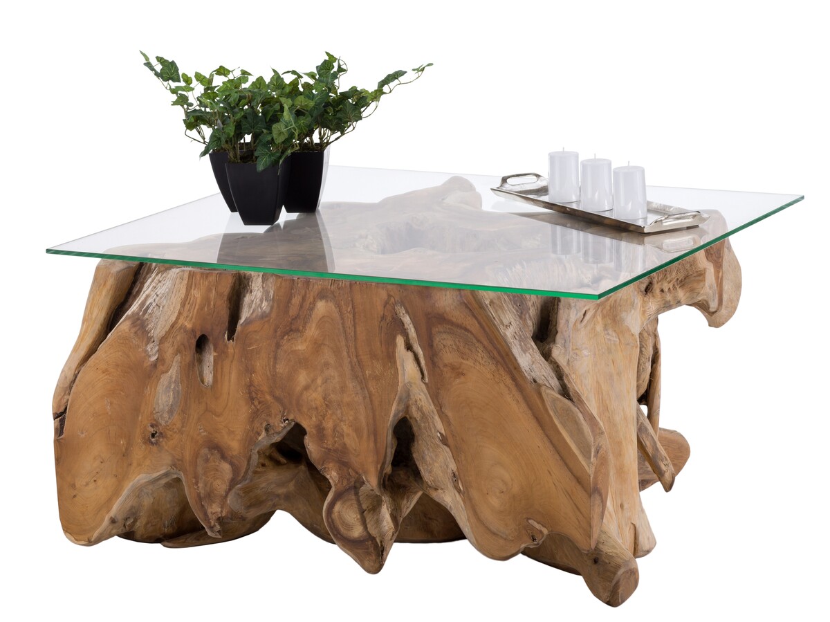 stolik z drewna tekowego, korzeń, szyba hartowana 