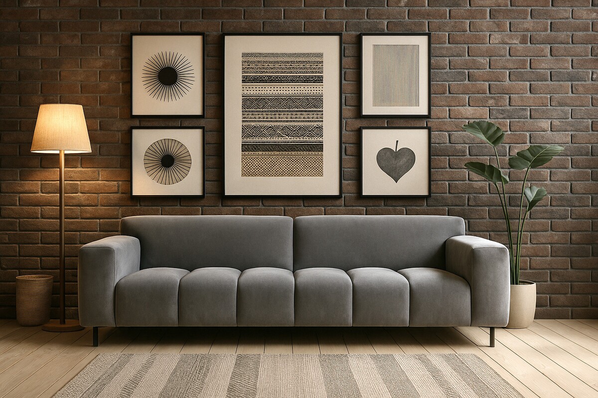 szara sofa Vesta pikowana, ściany z szarej cegły, nowoczesna kanapa szara, szare cegły w salonie Nelissen