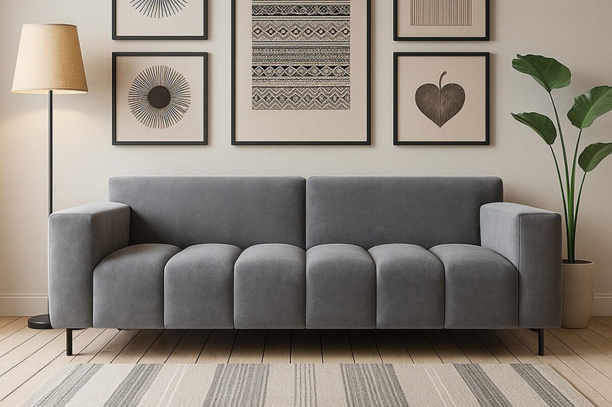 szara sofa Vesta welur, kanapa szara aksamit pikowana, kremowe ściany w salonie