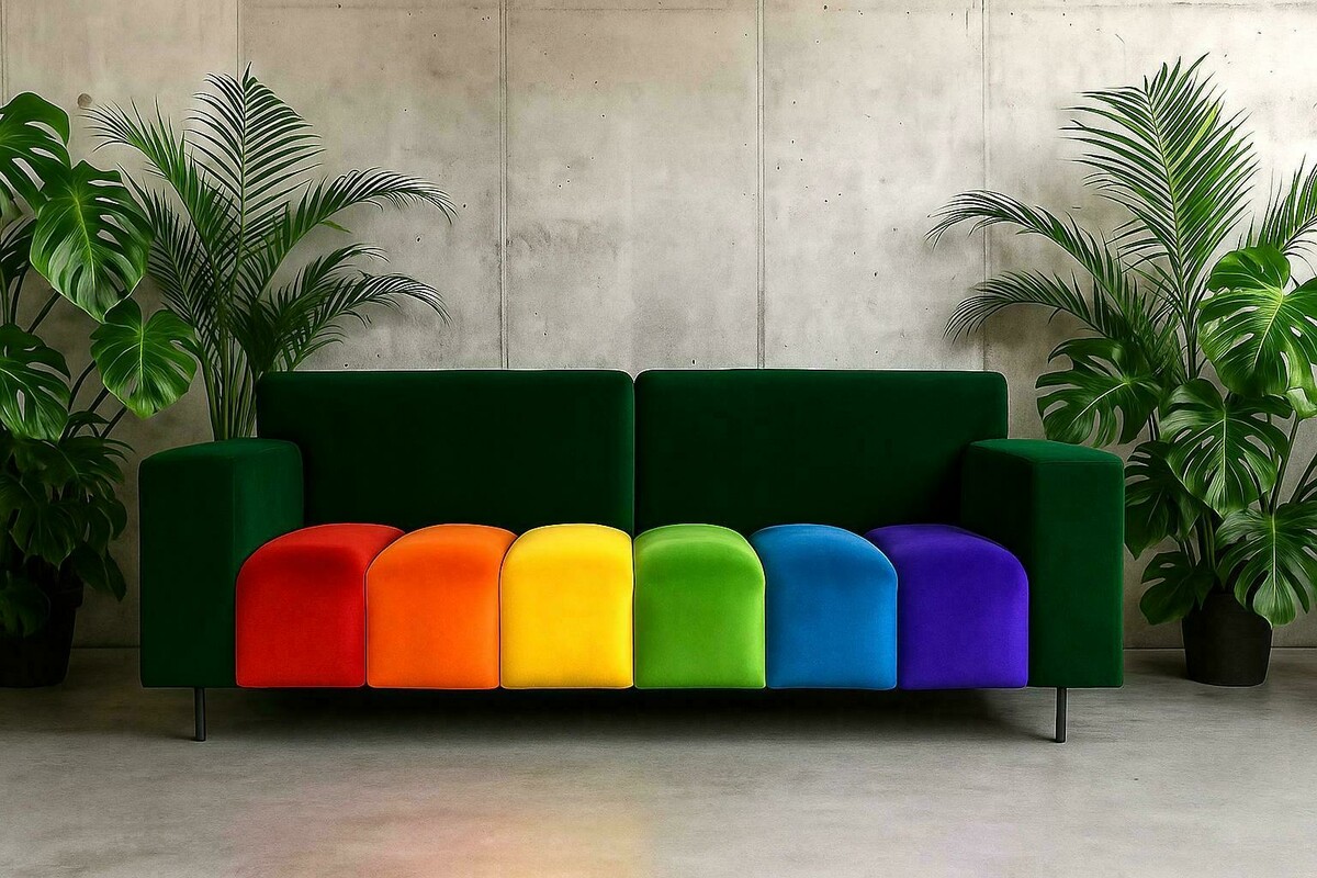Butelkowo zielona sofa Vesta z poduszkami siedziskowymi w kolorach tęczy. Pomysł na aranzację salonu