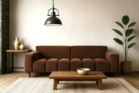 brązowa sofa Vesta pikowana, jasne ściany, brązowa kanapa do salonu welur, lampa z metalu wisząca sufitowa