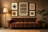 brązowa sofa Vesta pikowana, ściany z cegły we wnętrzach, kanapa brąz aksamit, brązowe kanapy welurowe, ściany z cegły w domu