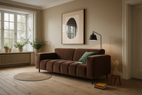 brązowa sofa Vesta, prosta kanapa welur , jasne ściany w salonie,  brązowa prosta kanapa