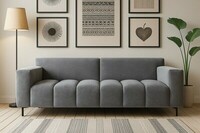szara sofa Vesta welur, kanapa szara aksamit pikowana, kremowe ściany w salonie