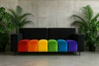 kolorowa sofa Vesta Quilt, tęczowa sofa, colorful sofa, reinbow sofa do salonu, Mti-Furninova, czarna sofa na betonowej scianie, duże palmy w salonie