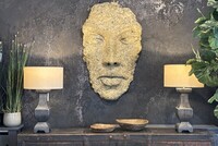 Duża płaskorzeźba na ścianę, dekoracyjna maska, duża głowa na ścianę, płaskorzeźba złota, dekoracyjne tynki, drewniane lampy, oryginalna drewniana komoda chińska