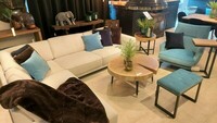 sofa Samba w kolorze kremowym, fotel Willow jasno niebieski , salon meblowy Lublin