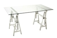 nowoczesny stół z regulowanym blatem, regulacja wysokości, blat szklany, podstawa metal, srebro wysoki połysk