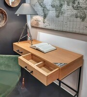 Biurko z dwiema szufladami, wąski biurko, konsola z szufladami, zielony fotel obrotowy