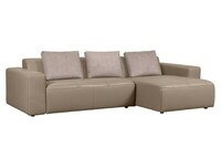 Beżowa sofa z szezlongiem w skórze naturalnej, poduchy oparciowe tapicerowane tkaniną 
