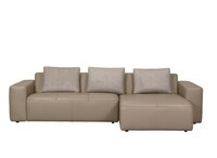 Beżowa sofa z szezlongiem w skórze naturalnej, poduchy oparciowe tapicerowane tkaniną 
