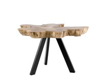 stolik niski okrągły na trójnogu  z blatem z drewna tekowego i szkłem hartowanym 