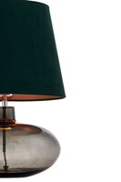 welwetowy zielony abażur, dymna podstawa lampy, szklana lampa stołowa, złoty środek abażura welwetowego, lampa do salonu