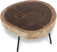 Piękny stolik kawowy, gruby blat z egzotycznego drewna suar w kolorze szlachetnego brązu, drewniany stolik dla osób lubiących minimalizm