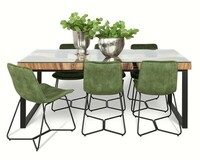 Stół 200x90 z blatem egzotycznym na metalowych płozach, zielone krzesła 19517