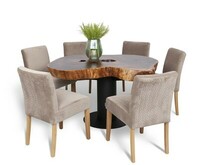 stół na zamówienie z grubym blatem egzotycznym, drewno suar, krzesła beżowe  Woof CH