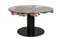 stół okrągły tekowy, blat gruby STAR z drewna tekowego, nieregularne kształty, ze szkłem 10mm, hartowanym, noga z blachy , rura 25 cm,średnica stołu 143 cm  (1)
