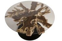 stół okrągły tekowy, blat gruby STAR z drewna tekowego, nieregularne kształty, ze szkłem 10mm, hartowanym, noga z blachy , rura 25 cm,średnica stołu 143 cm  (2)