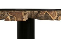 stół okrągły tekowy, blat gruby STAR z drewna tekowego, nieregularne kształty, ze szkłem 10mm, hartowanym, noga z blachy , rura 25 cm,średnica stołu 143 cm  (3)