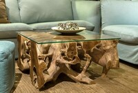 stolik z drewna tekowego, korzeń, szyba hartowana 