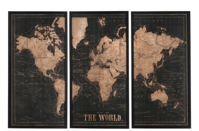 tryptyk mapy świata, mapa świata, obraz do gabinetu, obraz w czarnej ramie, drewniana mapa świata