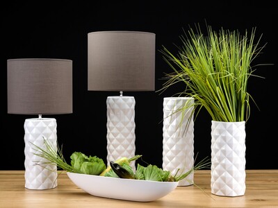 lampy ceramiczne białe stojące, wzory geometryczne, Weekendowe Metamorfozy