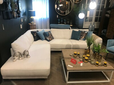 Duży rodzinny narożnik , sofa narożna lewa w kremowej tkaninie EX SAMDIV25 DCEU, salon meblowy Lublin