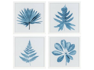 Obrazek liście niebieskie, zestaw obrazków w białek ramce, niebieskie dodatki do domu, klimat nadmorski