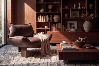 Salon z biblioteką, regał na książki drewniany stolik kawowy, dywan do salonu, dekoracje do salonu, nowoczesny salon, fotel mid-century modern