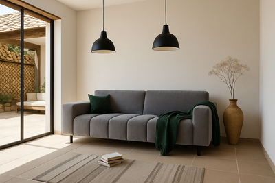 jasnoszara sofa Vesta Quilt welur, welurowa szara kanapa, loftowe lampy wiszące z metalu, beżowe ściany w salonie