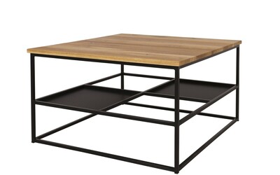 stolik z półką z blachy preforowanej, czarne nogi, dębowy blat, stal i drewno, meble na wymiar (2)